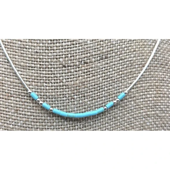 Sleeping Beauty Turquoise Heishi Beads Necklace 15.5" Long Liquid Silver 925 NEW - Picture 2 of 7